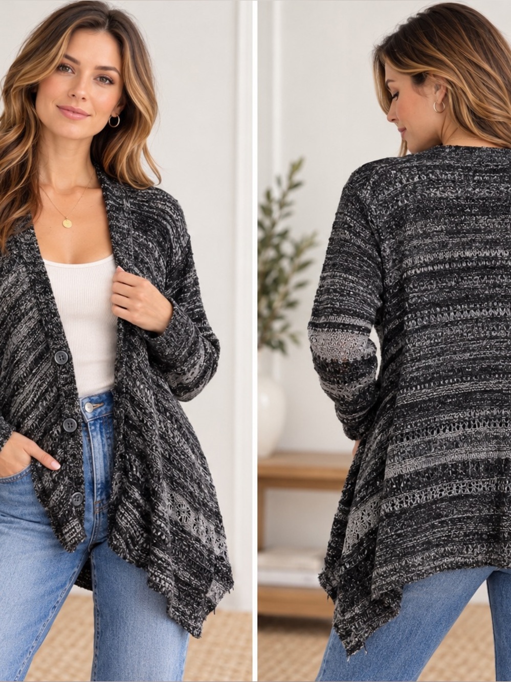 Free People Women’s M Waterfall Cardigan Marled Knit Oversized Gray